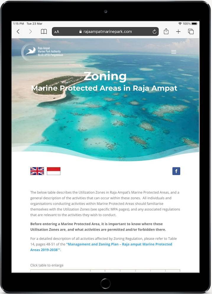 Raja Ampat Marine Park Website Tablet View